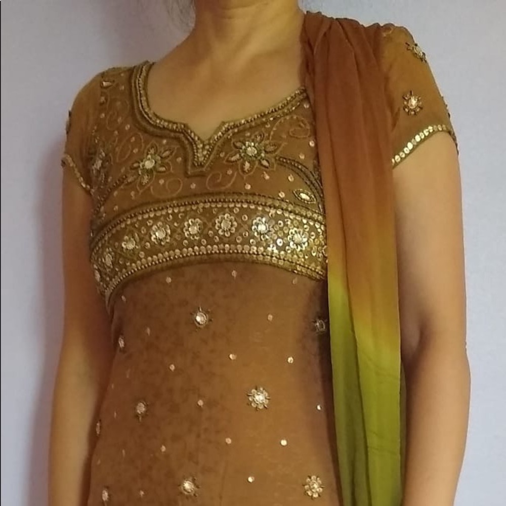 Brown & Green 3-Piece Salwar Kameez Set | Embroidered Indian Pakistani Outfit